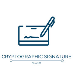 Cryptographic signature icon. Linear vector illustration from cryptocurrency collection. Outline cryptographic signature icon vector. Thin line symbol for use on web and mobile apps, logo, print