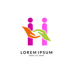 Hand with people logo, kids care icon, family vector illustration symbol
