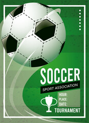 soccer league sport poster with balloon in green background