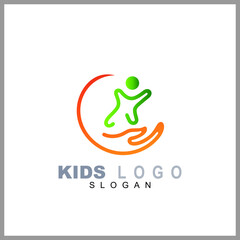 Hand with people logo, kids care icon, family vector illustration symbol
