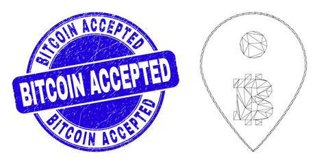 Web mesh bitcoin map marker icon and Bitcoin Accepted seal. Blue vector rounded grunge seal with Bitcoin Accepted phrase. Abstract frame mesh polygonal model created from bitcoin map marker icon.