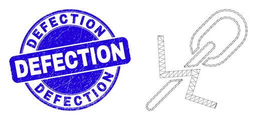 Web carcass break chain icon and Defection seal. Blue vector round distress seal with Defection message. Abstract frame mesh polygonal model created from break chain icon.