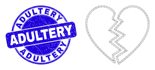 Web mesh broken heart icon and Adultery stamp. Blue vector round distress seal stamp with Adultery text. Abstract frame mesh polygonal model created from broken heart icon.
