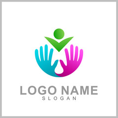 Hand with people logo, kids care icon, family vector illustration symbol