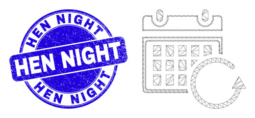 Fototapeta premium Web carcass calendar rollback icon and Hen Night seal stamp. Blue vector round textured seal stamp with Hen Night phrase. Abstract frame mesh polygonal model created from calendar rollback pictogram.