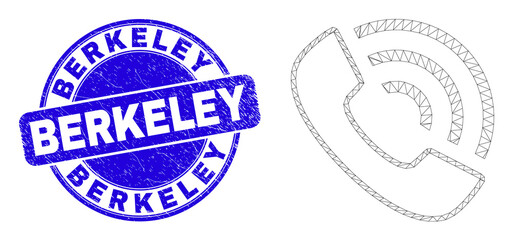 Web mesh call phone pictogram and Berkeley seal. Blue vector round distress seal stamp with Berkeley phrase. Abstract carcass mesh polygonal model created from call phone pictogram.