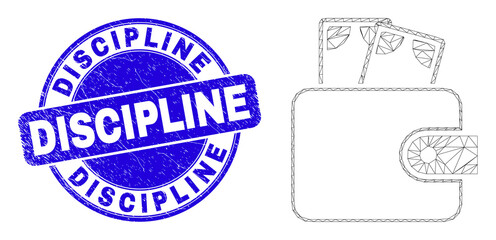 Web mesh cash purse pictogram and Discipline watermark. Blue vector rounded textured stamp with Discipline message. Abstract frame mesh polygonal model created from cash purse pictogram.