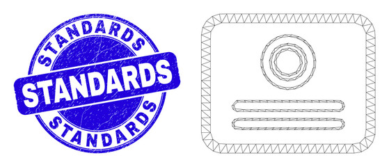 Obraz premium Web carcass certificate icon and Standards seal stamp. Blue vector rounded grunge seal stamp with Standards text. Abstract carcass mesh polygonal model created from certificate icon.