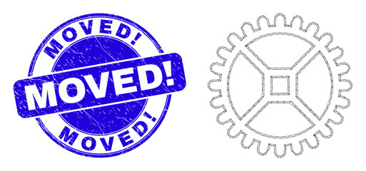Web mesh clock gear icon and Moved! seal. Blue vector rounded textured seal stamp with Moved! caption. Abstract frame mesh polygonal model created from clock gear icon.
