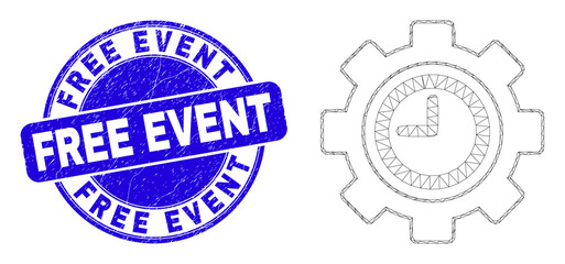Web mesh clock settings gear pictogram and Free Event stamp. Blue vector round grunge watermark with Free Event text. Abstract carcass mesh polygonal model created from clock settings gear pictogram.