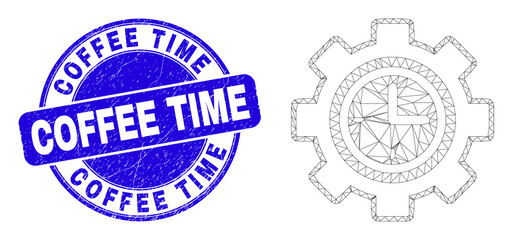 Web mesh clock setup wheel pictogram and Coffee Time seal. Blue vector rounded scratched seal with Coffee Time title. Abstract carcass mesh polygonal model created from clock setup wheel pictogram.