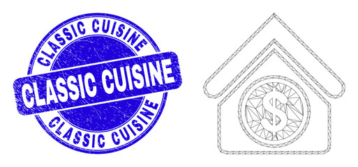Web carcass commercial building icon and Classic Cuisine seal stamp. Blue vector rounded grunge stamp with Classic Cuisine message.
