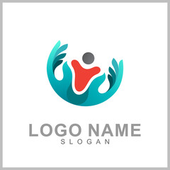 Hand with people logo, kids care icon, family vector illustration symbol