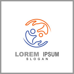 Hand with people logo, kids care icon, family vector illustration symbol