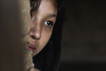 Young girl with eye sad and hopeless. Human trafficking concept.