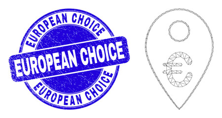 Web mesh euro map marker pictogram and European Choice watermark. Blue vector rounded textured watermark with European Choice caption.