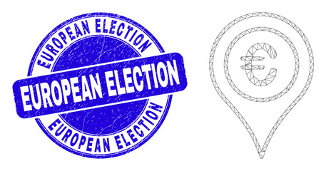 Web mesh euro map marker pictogram and European Election watermark. Blue vector round scratched watermark with European Election title.