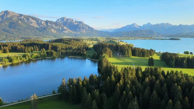 Aerial view over Lake Forggensee at the city of Fuessen in Bavaria Germany