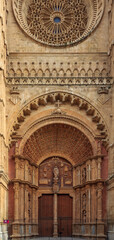 Facade of the Cathedral of Santa Maria of Palma (Cathedral of St. Mary of Palma) or La Seu, a Gothic Roman Catholic cathedral in Palma de Mallorca in Mallorca on Balearic islands in Spain