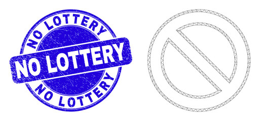 Web mesh forbidden pictogram and No Lottery stamp. Blue vector rounded textured stamp with No Lottery title. Abstract frame mesh polygonal model created from forbidden pictogram.