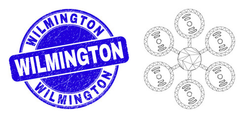 Fototapeta premium Web carcass hexacopter icon and Wilmington seal stamp. Blue vector round grunge seal stamp with Wilmington text. Abstract frame mesh polygonal model created from hexacopter pictogram.