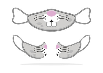 Face Mask cute cartoon design (Rabbit animals). Mask to protect people from virus. Medical mask to prevent covid-19. Mask vector design