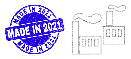 Web carcass industrial factory icon and Made in 2021 stamp. Blue vector round distress seal with Made in 2021 phrase. Abstract carcass mesh polygonal model created from industrial factory icon.
