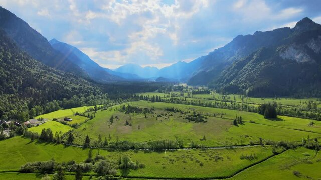 Flight over the beautiful rural landscape of Bavaria Allgau in the German Alps. Aerial view
