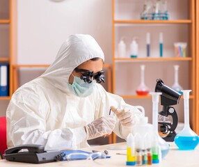 Young biochemist wearing protective suit working in the lab