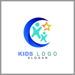 Kids care logo vector, caring children, family parenting, charity people, health care clinic, happy child play with parent