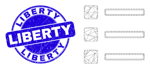 Obraz premium Web mesh list items icon and Liberty seal stamp. Blue vector rounded distress watermark with Liberty text. Abstract carcass mesh polygonal model created from list items icon.