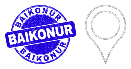 Web mesh map pointer pictogram and Baikonur seal stamp. Blue vector rounded distress seal stamp with Baikonur message. Abstract frame mesh polygonal model created from map pointer pictogram.