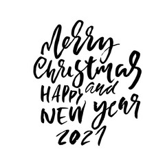Hand drawn phrase Merry Christmas and Happy New Year. Modern dry brush lettering design. Vector typography vector illustration.