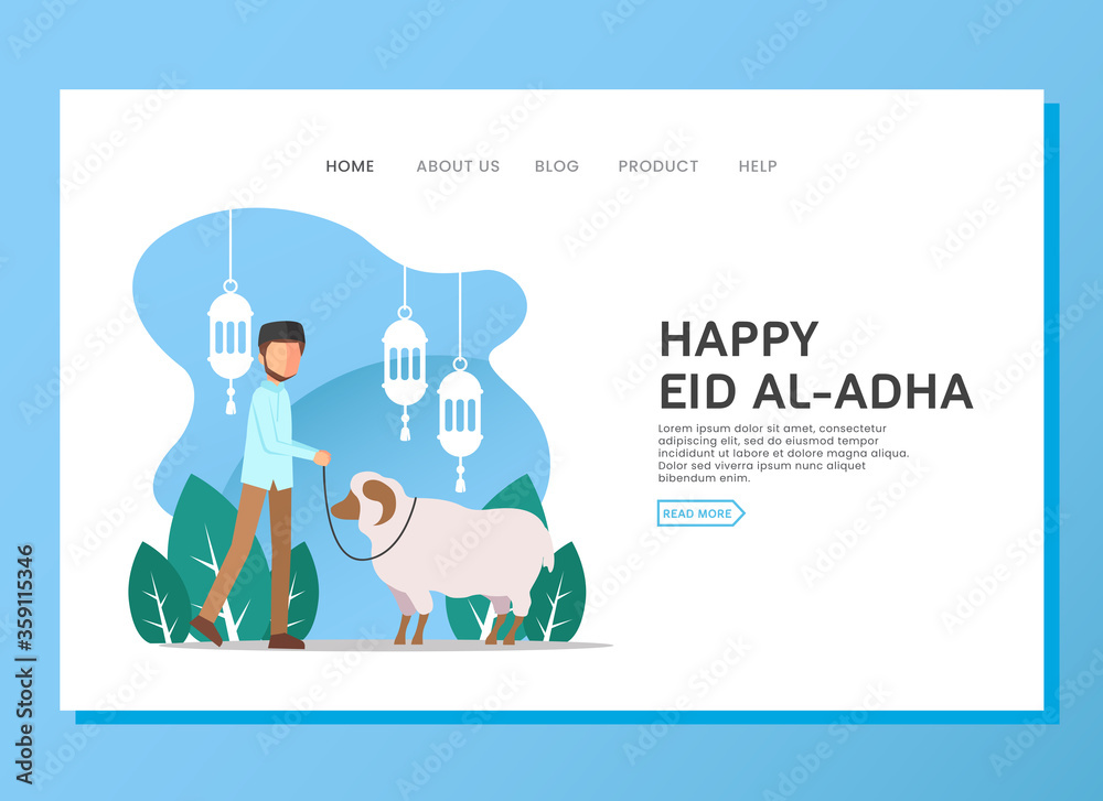 Wall mural Eid al Adha landing page concept with sheep and people