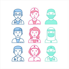 Set of Doctor and Nurse Collection in Line Art Style. Simple, Cute and Minimalist Avatar Icon. Easi to edit. Vector Illustration. For web, apps, user interface profile.