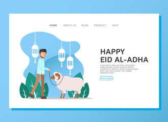 Eid al Adha landing page concept with sheep and people