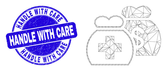 Fototapeta premium Web mesh medical funds icon and Handle with Care seal stamp. Blue vector round distress stamp with Handle with Care text. Abstract frame mesh polygonal model created from medical funds icon.