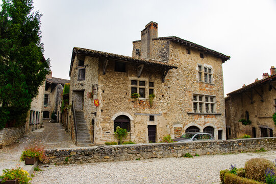 Medieval architecture of Perouges, France, a walled town, a popular touristic attraction.