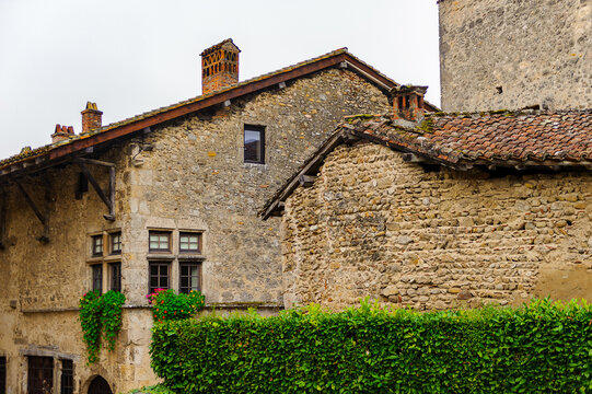 Medieval architecture of Perouges, France, a walled town, a popular touristic attraction.