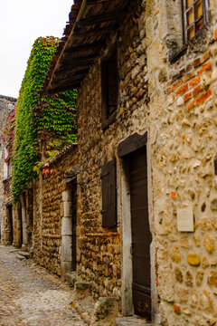 Medieval architecture of Perouges, France, a walled town, a popular touristic attraction.