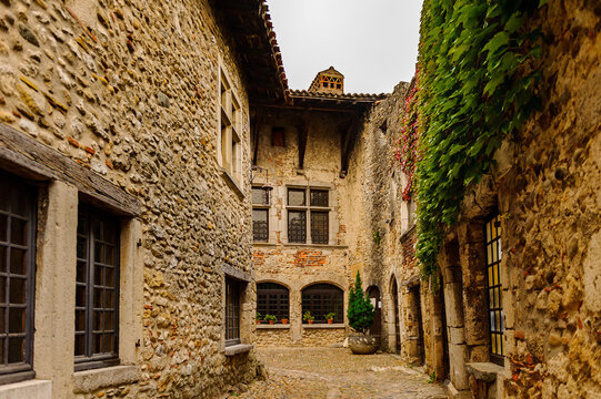 Medieval architecture of Perouges, France, a walled town, a popular touristic attraction.