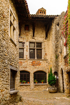 Medieval architecture of Perouges, France, a walled town, a popular touristic attraction.