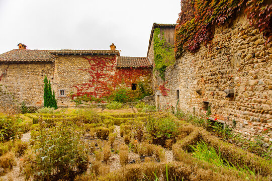 Stone house of Perouges, France, a medieval walled town, a popular touristic attraction.