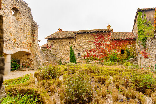 Stone house of Perouges, France, a medieval walled town, a popular touristic attraction.