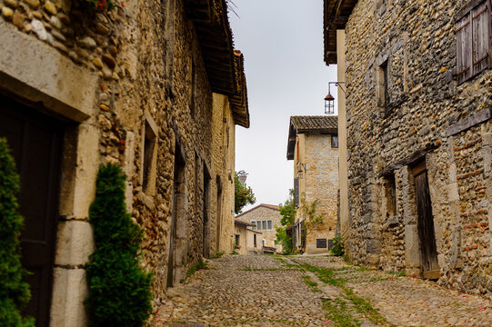 Medieval architecture of Perouges, France, a walled town, a popular touristic attraction.