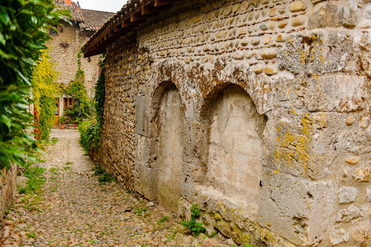 Medieval architecture of Perouges, France, a walled town, a popular touristic attraction.