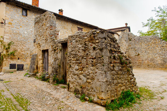 Street of Perouges, France, a medieval walled town, a popular touristic attraction.