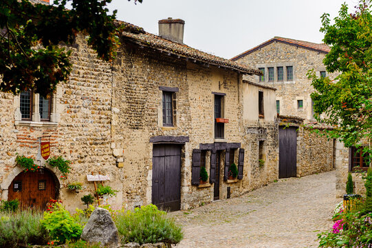 Street of Perouges, France, a medieval walled town, a popular touristic attraction.
