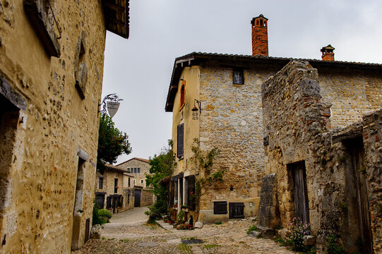 Street of Perouges, France, a medieval walled town, a popular touristic attraction.