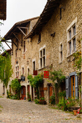 Perouges, France, a medieval walled town, a popular touristic attraction.
